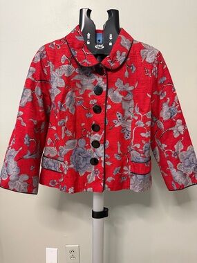 SilkLand Red Floral Button-Front Blazer